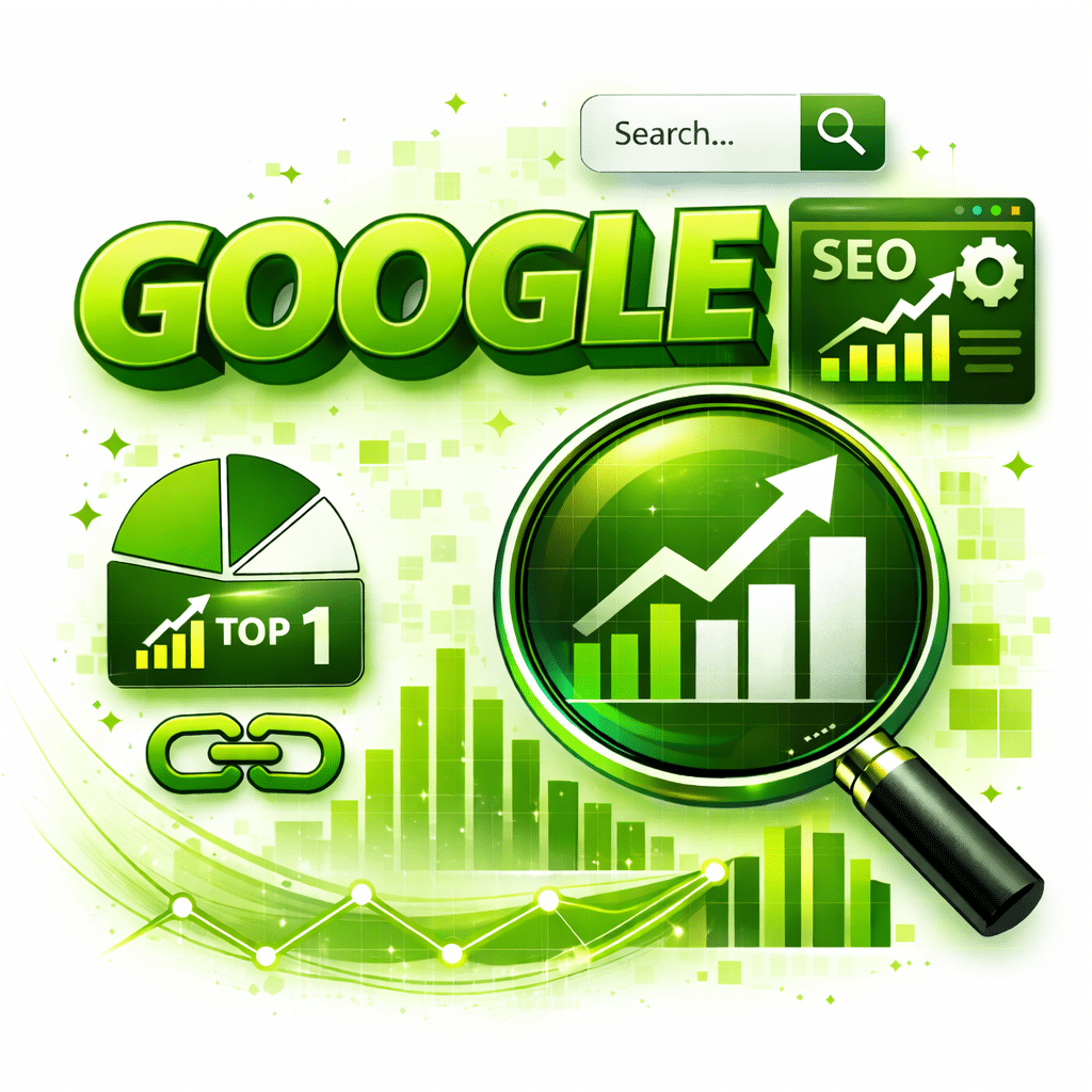 SEO Google – grafika przedstawiająca analizę danych, wzrost pozycji w wyszukiwarce, wykresy oraz lupę symbolizującą optymalizację SEO i osiąganie TOP 1 w Google