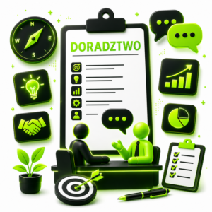 Grafika przedstawia ANALIZA OPŁACALNOŚCI wspieraną przez doradztwo biznesowe, analizę danych i ocenę efektywności działań.
