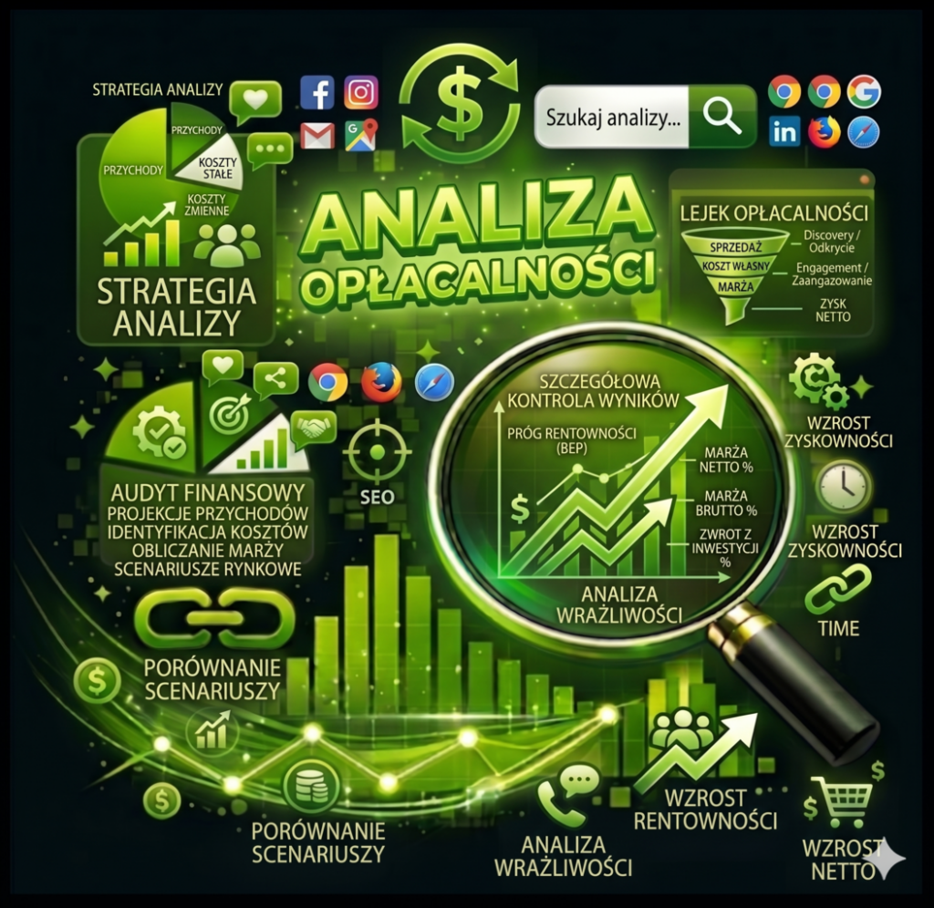 Grafika przedstawia doradztwo i strategia w zakresie analizy opłacalności działań biznesowych.