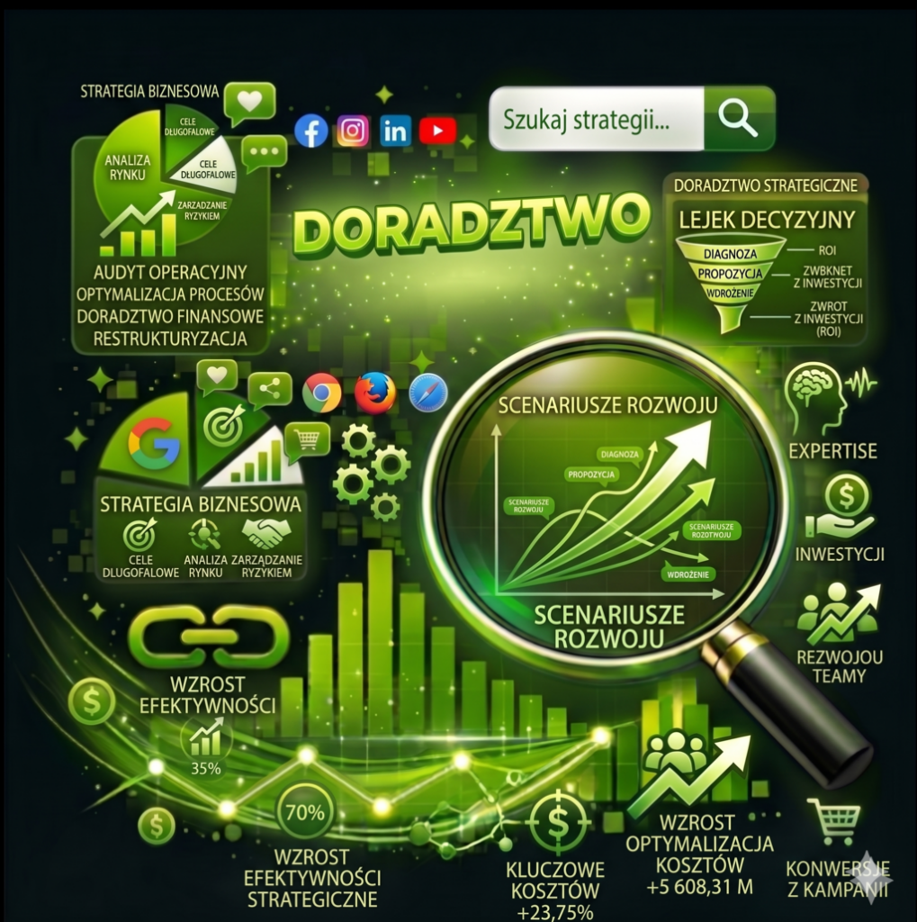Grafika przedstawia doradztwo i strategia w rozwoju biznesu online, obejmujące analizę danych, planowanie działań marketingowych i budowanie ścieżki wzrostu firmy.