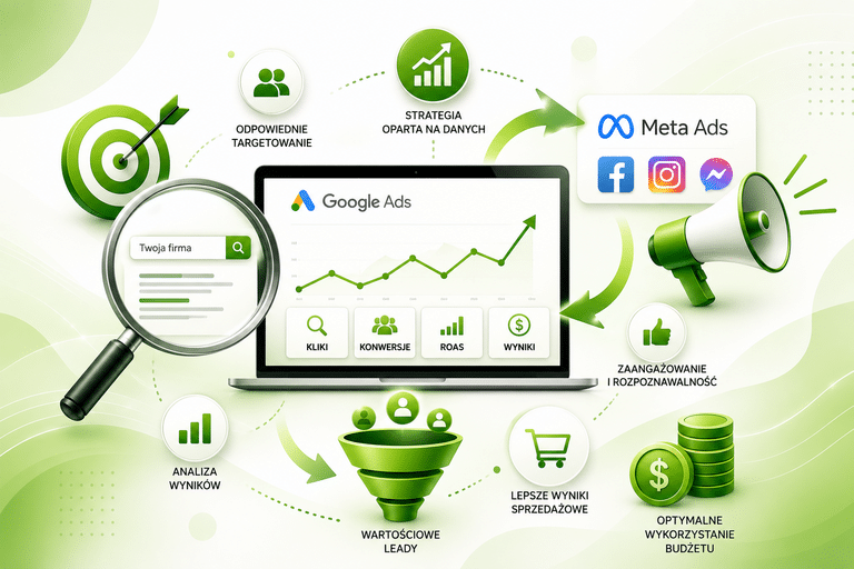 Grafika przedstawia kampanię GOOGLE ADS wspierającą rozwój firmy online poprzez analizę wyników, targetowanie odbiorców i reklamy w Google oraz Meta Ads.