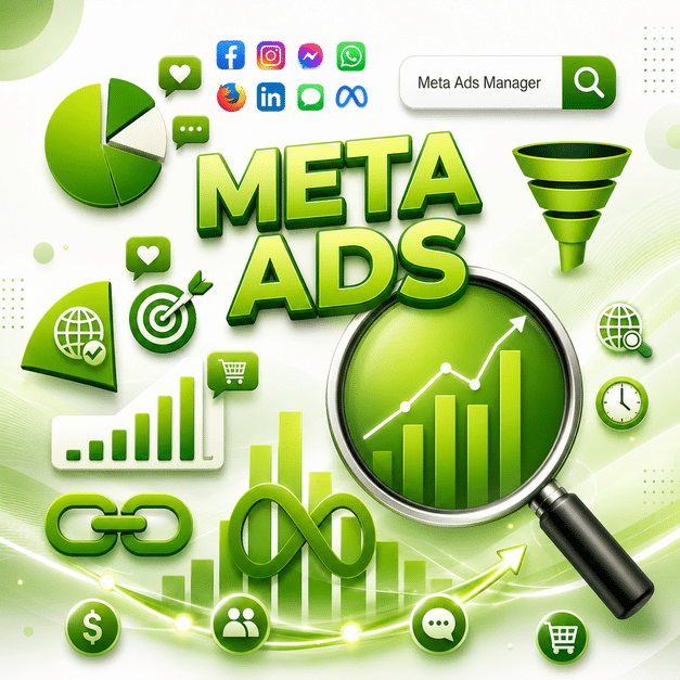 Grafika przedstawia działania reklamowe GOOGLE ADS wspierające promocję marki online, analizę wyników i zwiększanie konwersji. Widoczne są wykresy wzrostu, analiza kampanii, targetowanie odbiorców oraz integracja z Meta Ads i social media.