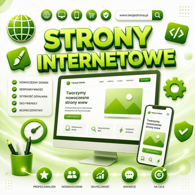 Grafika przedstawia projektowanie i rozwój strony internetowej wspieranej przez GOOGLE ADS, z widocznym interfejsem witryny, urządzeniem mobilnym i elementami optymalizacji online.