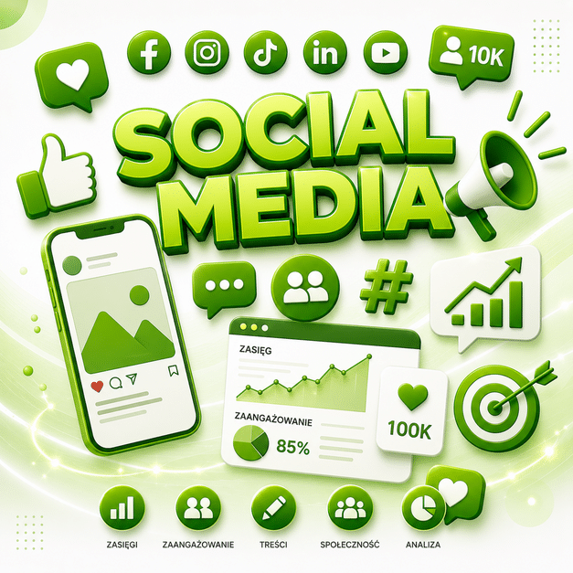 Grafika przedstawia działania social media wspierane przez GOOGLE ADS, obejmujące promocję marki, analizę zaangażowania i zwiększanie widoczności online.