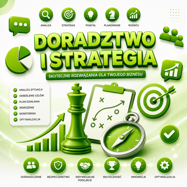 Grafika przedstawia planowanie działań marketingowych i rozwój biznesu wspierany przez GOOGLE ADS, obejmujące analizę danych, strategię kampanii i optymalizację wyników. Widoczne są symbole doradztwa, wykresy wzrostu, targetowanie oraz elementy planowania działań online.