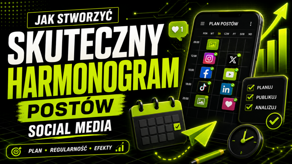Dynamiczna grafika o planowaniu treści w social media.