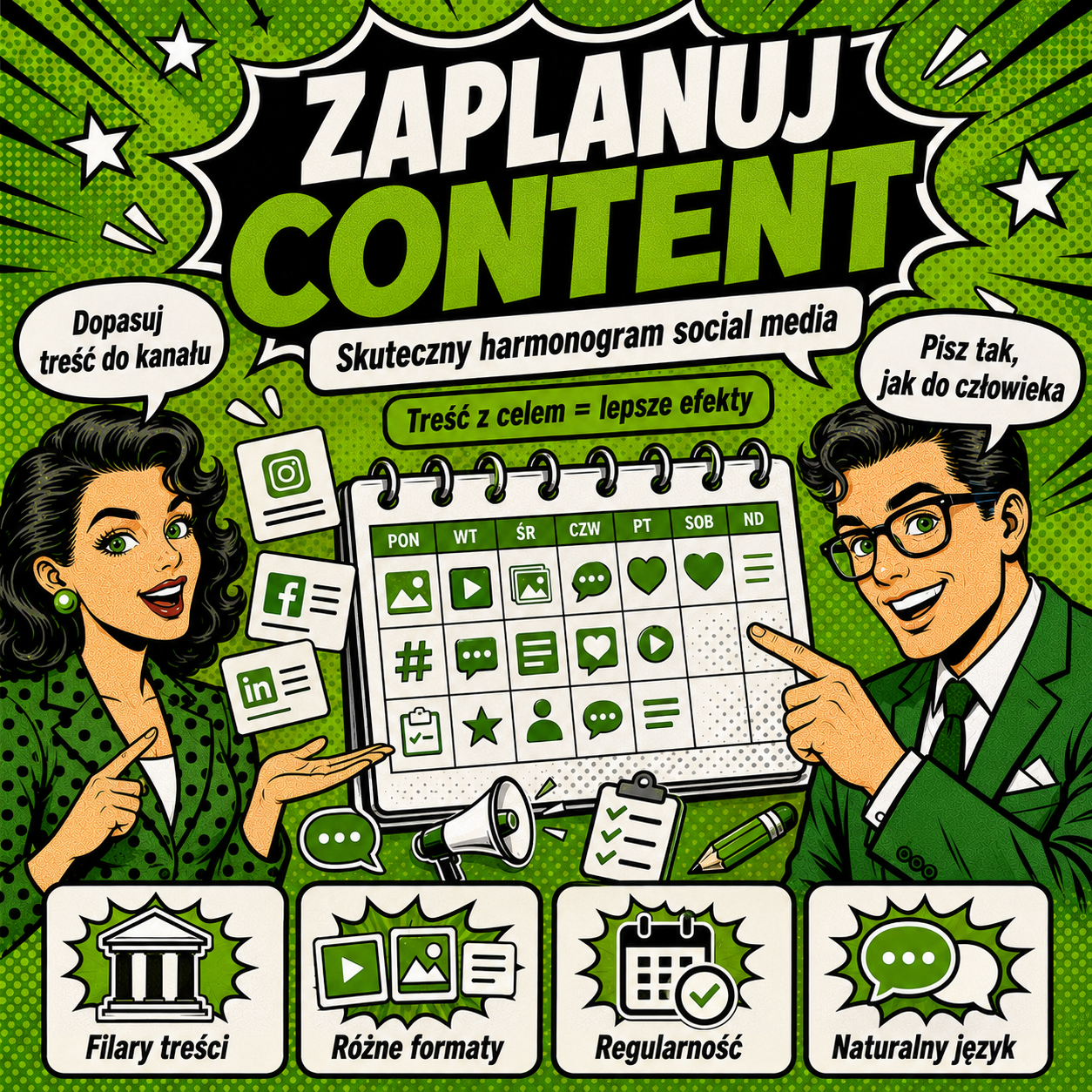 Grafika w stylu pop-art przedstawia kobietę i mężczyznę planujących działania w social media.