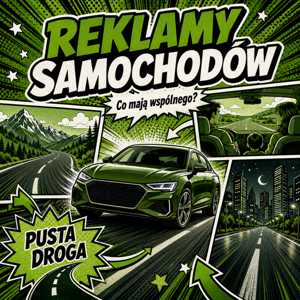 Reklamy samochodów przedstawione w komiksowym stylu na zielono-czarnym tle.