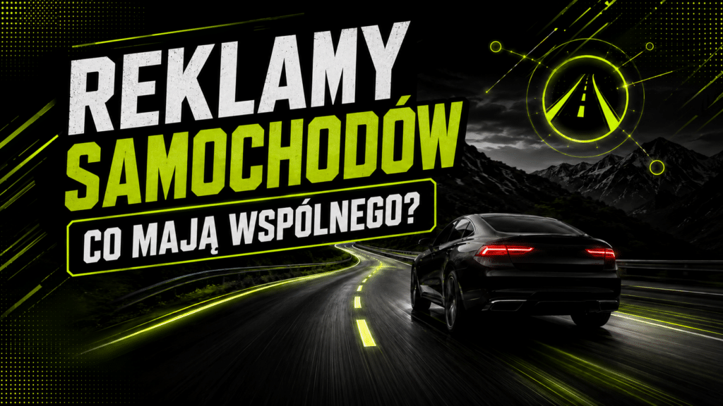 Reklamy samochodów przedstawione na grafice łączą dynamiczną jazdę, nocną górską trasę i eleganckie czarne auto.