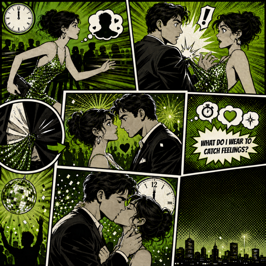 Spot w komiksowym stylu pop-art przedstawia sylwestrową historię dwojga elegancko ubranych ludzi.