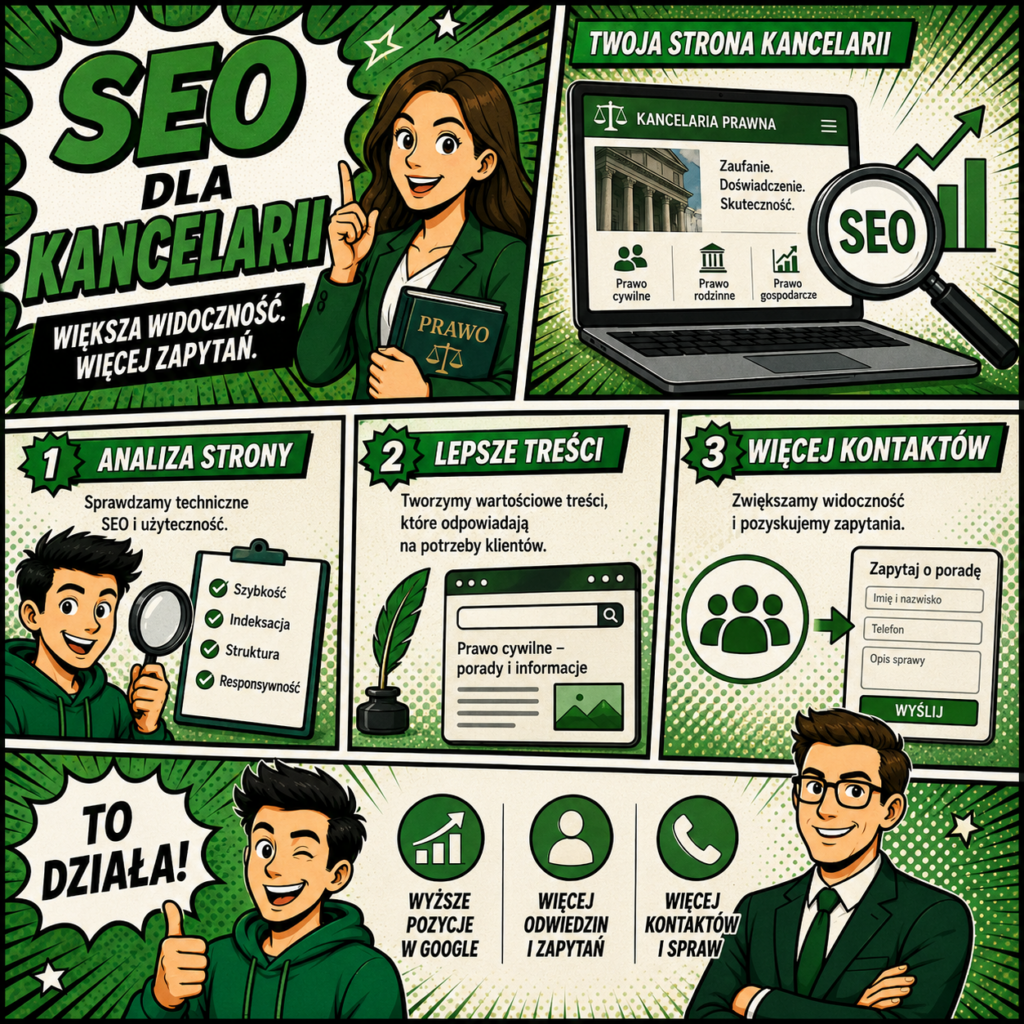 Komiksowa infografika SEO dla kancelarii prawnej w zielono-czarnej kolorystyce.
