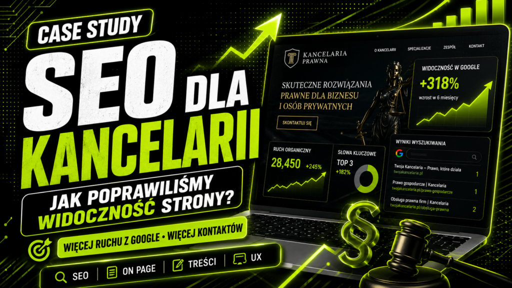 Grafika przedstawia case study SEO dla kancelarii prawnej.