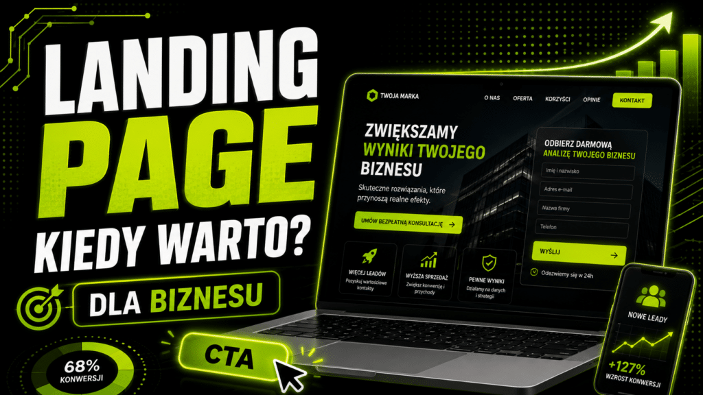 Grafika promująca landing page dla biznesu na czarnym tle.