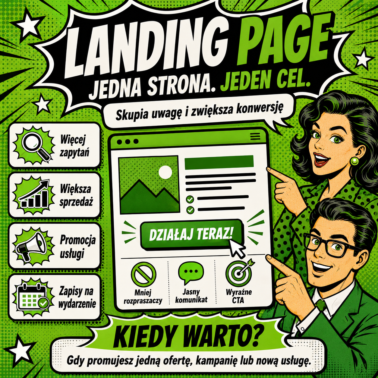 Pop-artowa grafika o tematyce landing page.