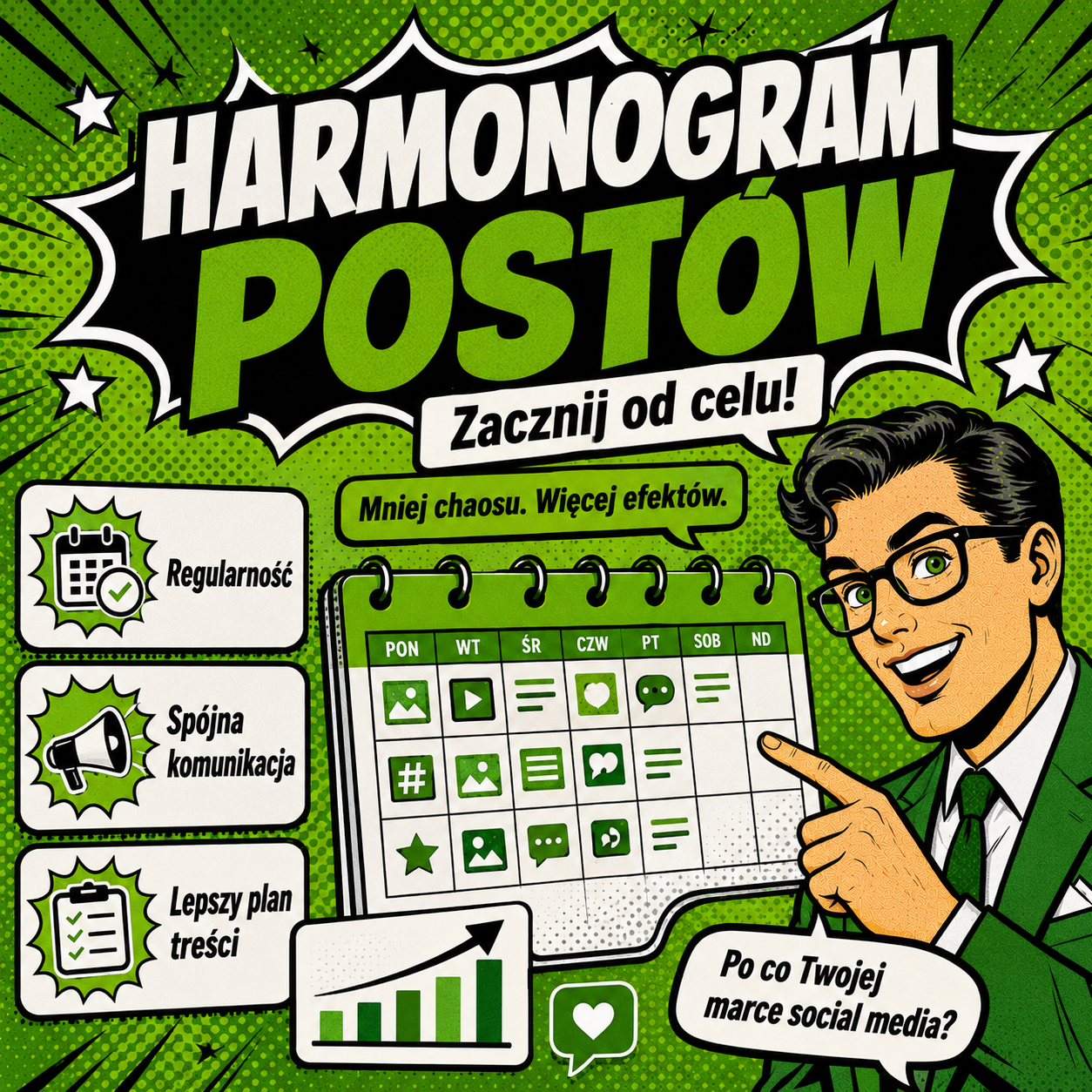 Grafika w odcieniach zieleni przedstawia mężczyznę planującego harmonogram postów na social media.