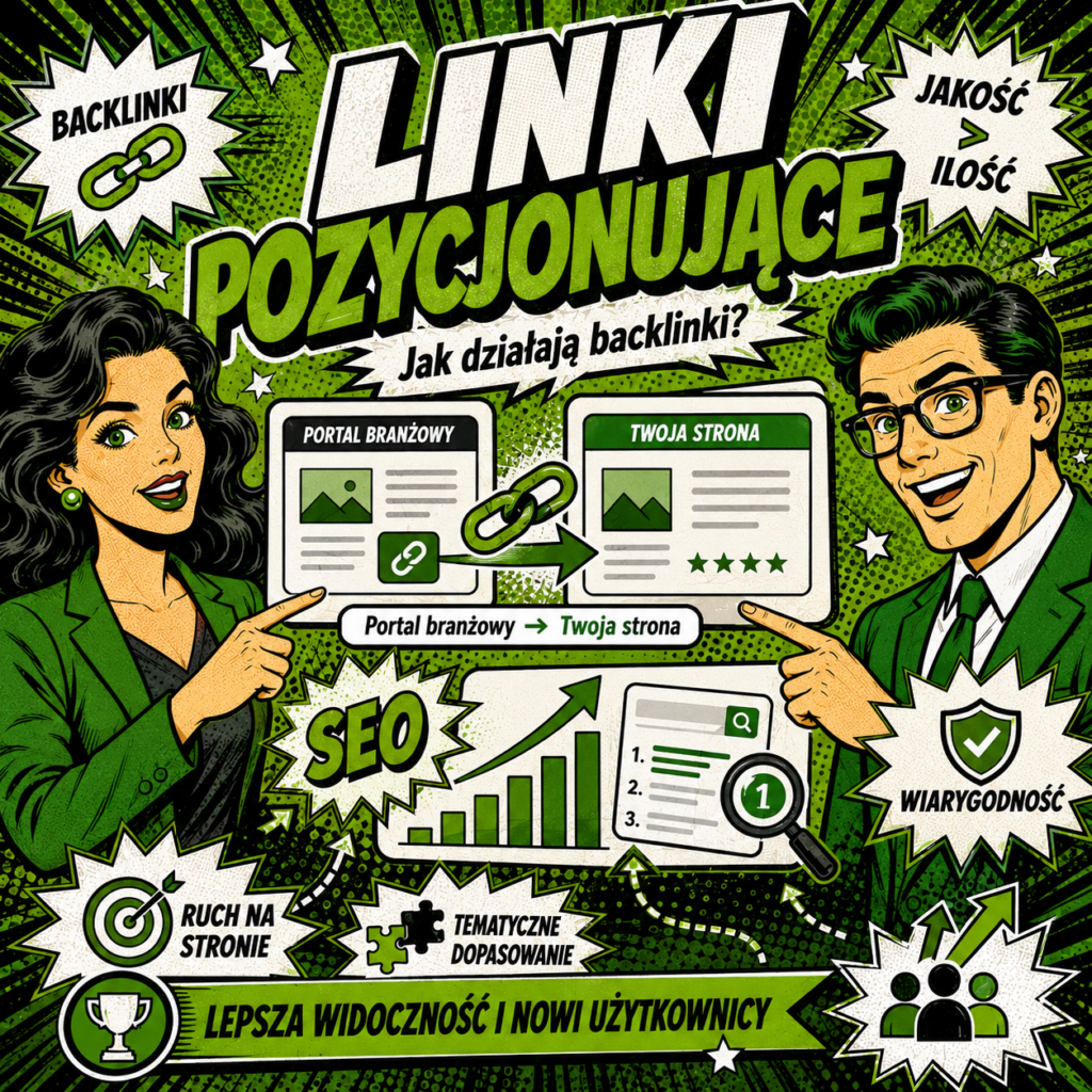Linki pozycjonujące przedstawione w komiksowej grafice SEO: portal branżowy przekazuje backlink do strony internetowej, co wspiera wiarygodność, ruch i widoczność w Google.