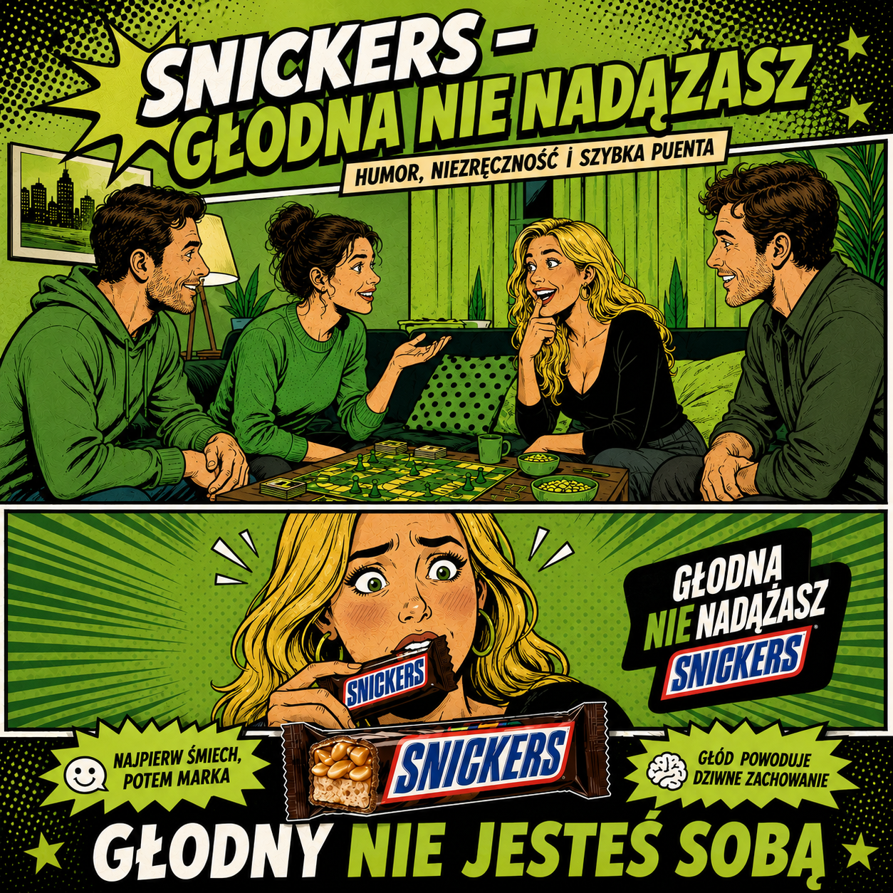 Reklama Snickers pokazuje w komiksowym stylu, że głód zmienia zachowanie i odbiera poczucie humoru.