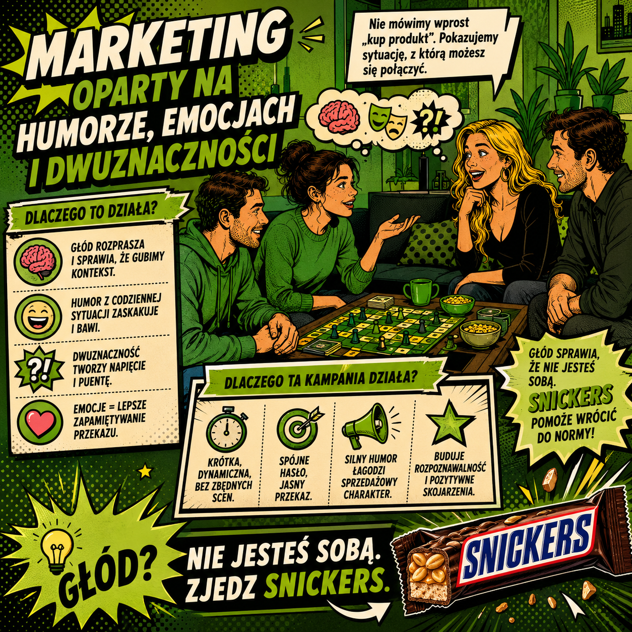Reklama Snickers wykorzystuje humor, emocje i dwuznaczność, by zwiększyć rozpoznawalność marki.