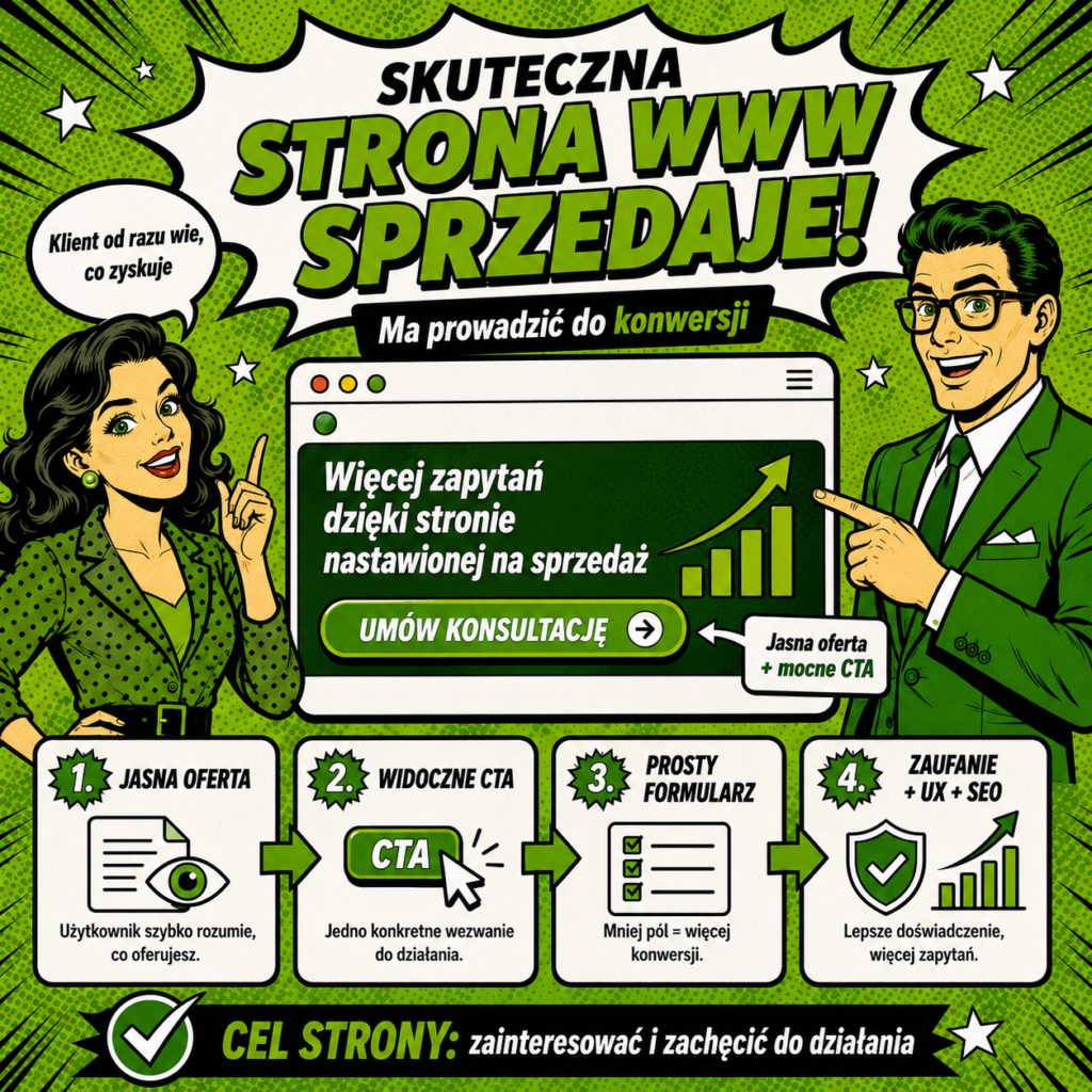 Komiksowa grafika w zielono-czarnej stylistyce promuje skuteczną stronę WWW nastawioną na sprzedaż.