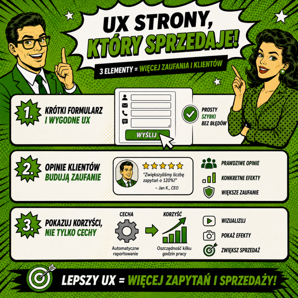 Komiksowa grafika w zielono-czarnej stylistyce przedstawia UX strony www zwiększający sprzedaż.