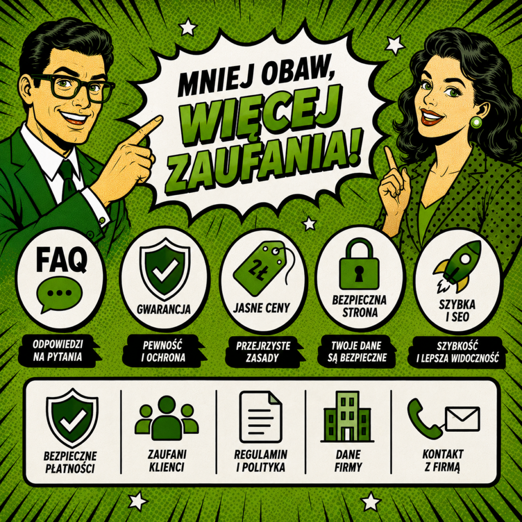 Komiksowa grafika w zielono-czarnej stylistyce pokazuje elementy budujące zaufanie do strony www: FAQ, gwarancję, jasne ceny, bezpieczeństwo i szybkość.