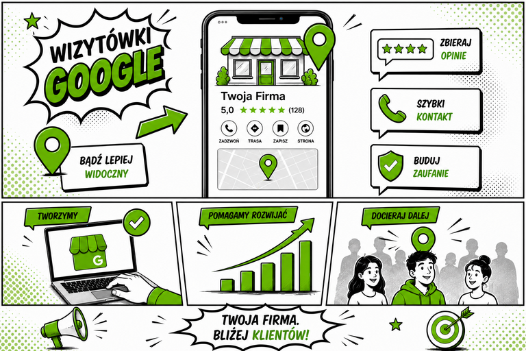 Grafika komiksowa przedstawia pozycjonowanie lokalne poprzez optymalizację Wizytówki Google.