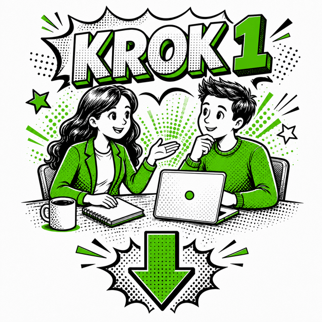 Grafika komiksowa przedstawia pierwszy etap współpracy nad kampanią REKLAMY META, podczas którego odbywa się rozmowa o celach biznesowych i strategii promocji online.