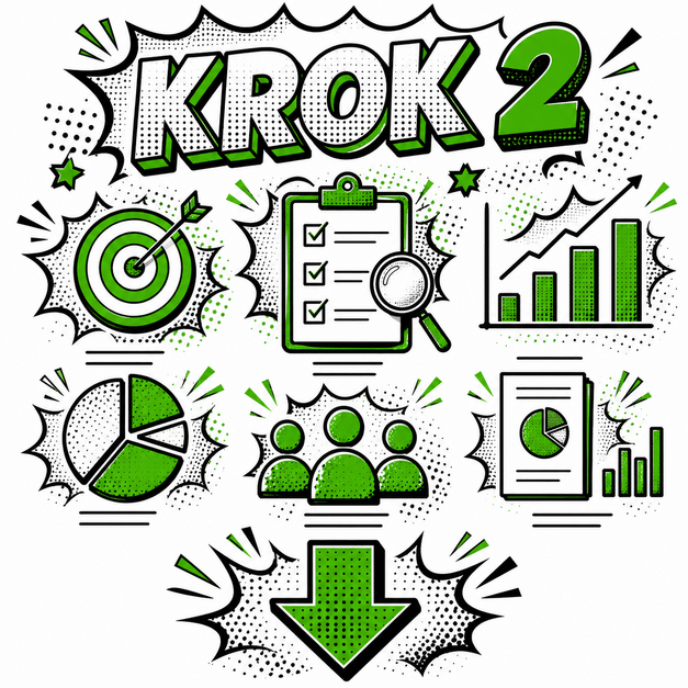 Grafika komiksowa przedstawia drugi etap planowania kampanii REKLAMY META, obejmujący analizę danych, określenie grupy docelowej, wyznaczanie celów i ocenę wyników.
