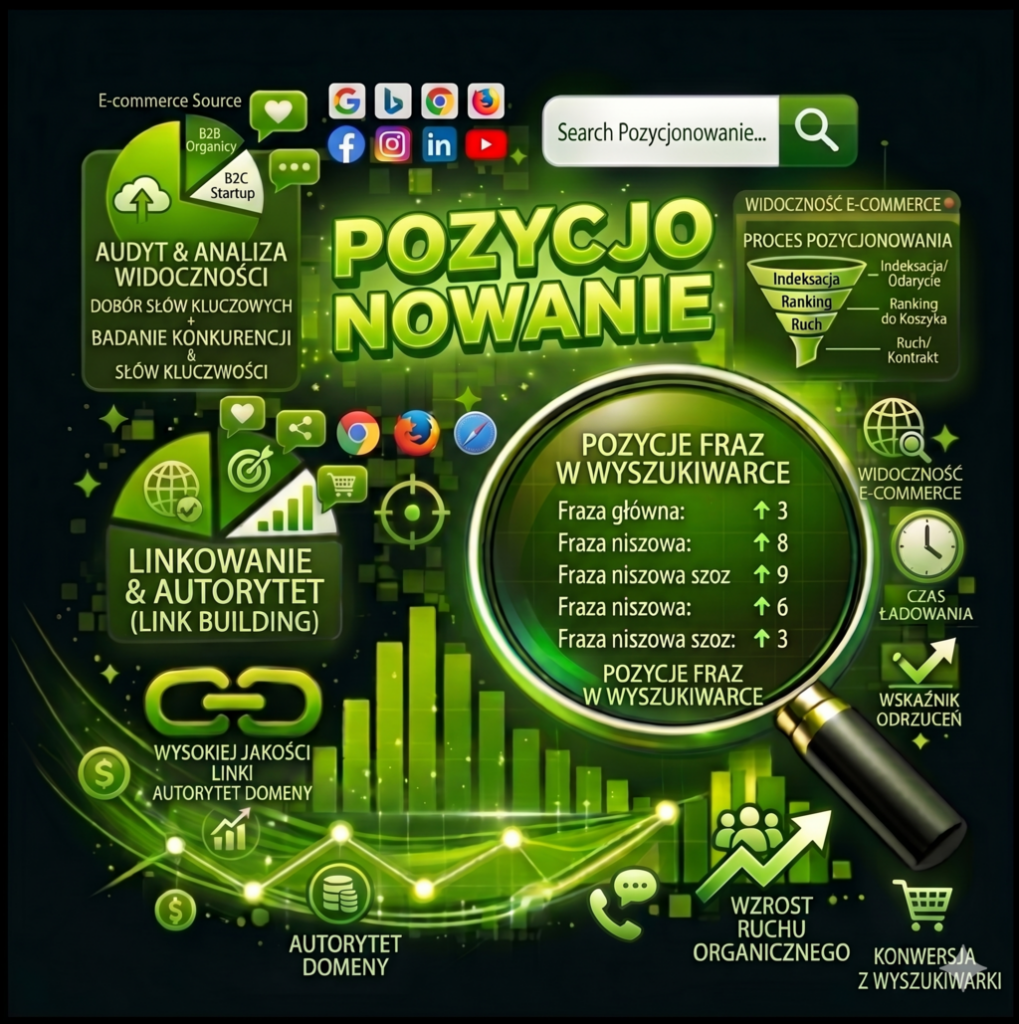Grafika przedstawia strategię SEO skoncentrowaną na pozycjonowaniu stron internetowych, analizie słów kluczowych i wzroście widoczności w wyszukiwarce. Widoczne są wykresy ruchu organicznego, link building, monitoring pozycji fraz i optymalizacja treści.