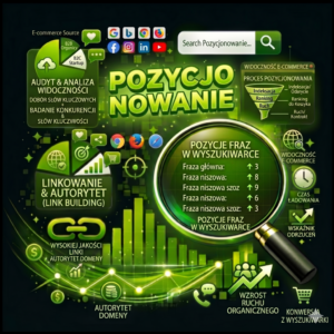 Grafika przedstawia strategię SEO skoncentrowaną na pozycjonowaniu stron internetowych, analizie słów kluczowych i wzroście widoczności w wyszukiwarce. Widoczne są wykresy ruchu organicznego, link building, monitoring pozycji fraz i optymalizacja treści.