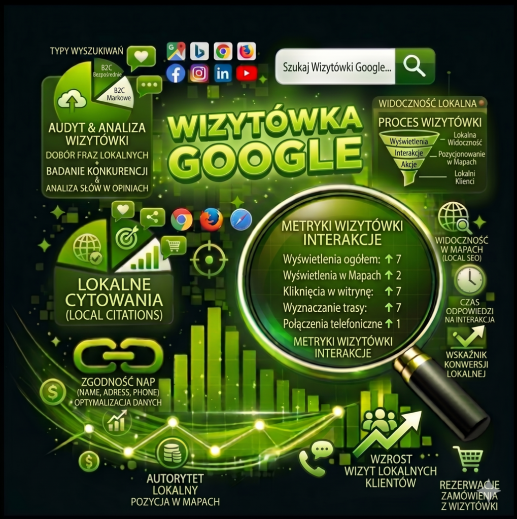 Grafika przedstawia działania SEO związane z optymalizacją Wizytówki Google, zwiększaniem widoczności lokalnej i poprawą pozycji firmy w wynikach wyszukiwania.