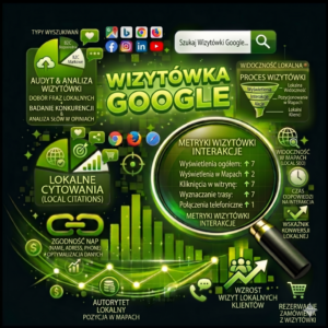 Grafika przedstawia działania SEO związane z optymalizacją Wizytówki Google, zwiększaniem widoczności lokalnej i poprawą pozycji firmy w wynikach wyszukiwania.