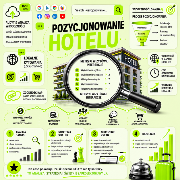 Grafika przedstawia strategię SEO dla hotelu, obejmującą pozycjonowanie lokalne, optymalizację Wizytówki Google, analizę słów kluczowych i wzrost widoczności w wyszukiwarce.