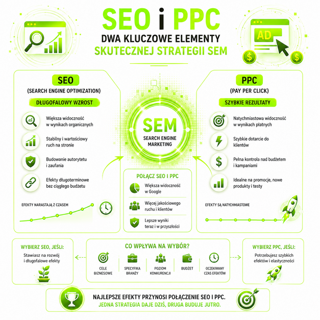 Grafika przedstawia zależność między SEO i PPC jako elementami strategii SEM, pokazując korzyści pozycjonowania organicznego oraz reklam płatnych.