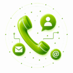 Grafika przedstawia kontakt i obsługę klienta dla sklepu internetowego, z ikoną telefonu, wiadomości e-mail i użytkownika symbolizującymi szybką komunikację online.
