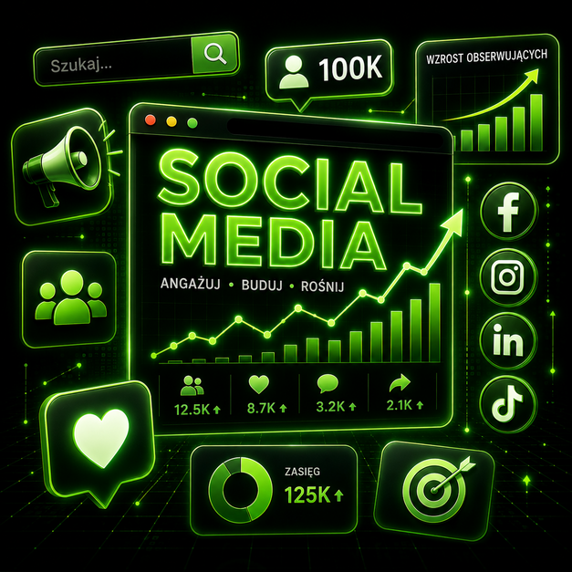 Grafika przedstawia działania social media wspierające sklepy internetowe, z analizą zaangażowania, wzrostem obserwujących i promocją marki w kanałach online.