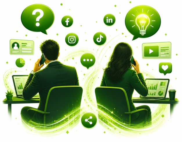 Grafika przedstawiająca dwie osoby prowadzące rozmowy telefoniczne przy komputerach, otoczone ikonami platform social media takich jak Facebook, Instagram, LinkedIn, TikTok i YouTube.