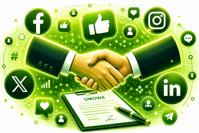 Ilustracja przedstawiająca uścisk dłoni nad podpisywaną umową w otoczeniu ikon platform social media (Facebook, Instagram, LinkedIn, X). Grafika symbolizuje współpracę biznesową, marketing internetowy, budowanie partnerstw i promocję marki w kanałach social media.