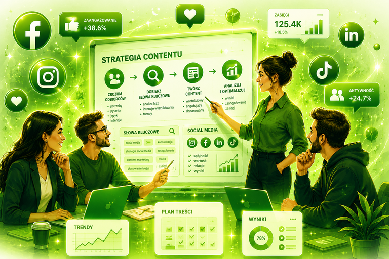Grafika przedstawia zespół omawiający strategię content marketingu i działania social media podczas spotkania biznesowego.