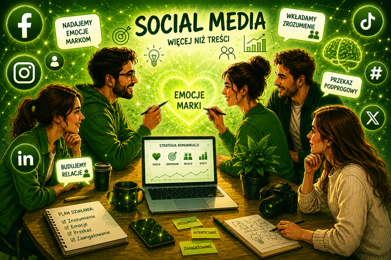 Grafika przedstawia zespół omawiający strategię komunikacji i budowanie emocji marki w social media. Wokół widoczne są ikony Facebooka, Instagrama i LinkedIn oraz hasła związane z relacjami i marketingiem.