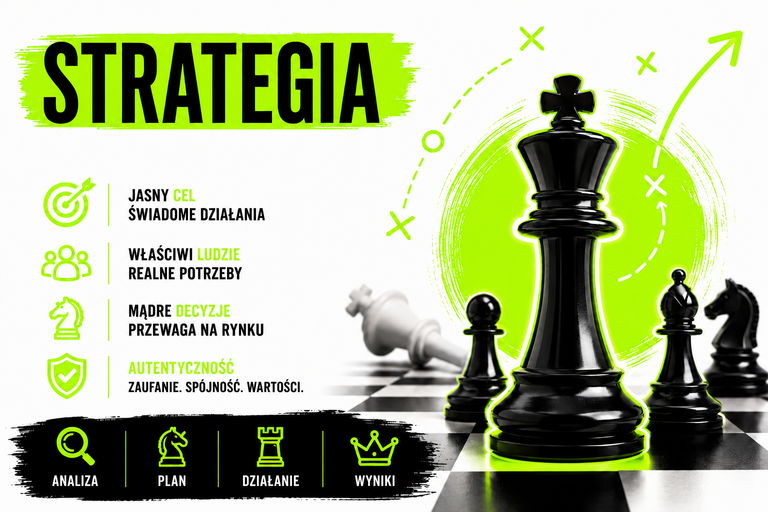 Grafika przedstawia strategia biznesową opartą na analizie rynku, wyznaczaniu celów i podejmowaniu świadomych decyzji.