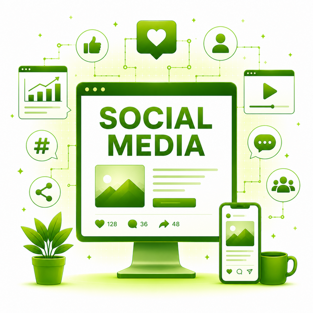 Grafika przedstawia integrację stron internetowych z działaniami social media.