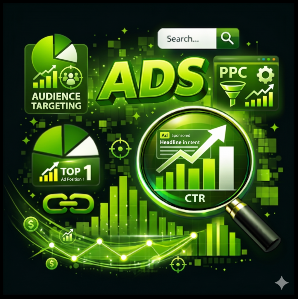 Grafika przedstawiająca REKLAMY online i kampanie PPC – zielony napis ADS, lupa z rosnącym wykresem CTR.