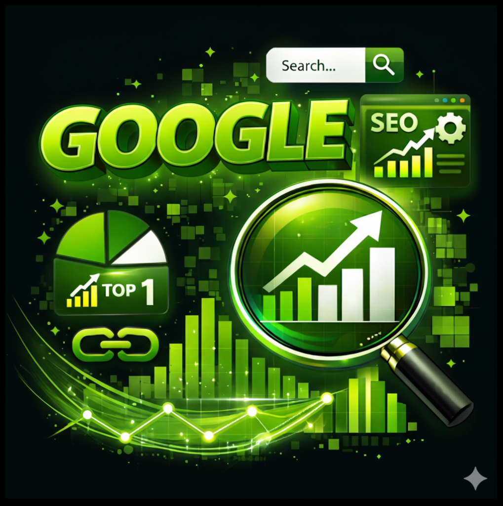 Grafika promująca seo w Google – zielony napis Google, lupa z wykresem wzrostu, ikony analityki, pozycjonowania i linkowania oraz pasek wyszukiwania.