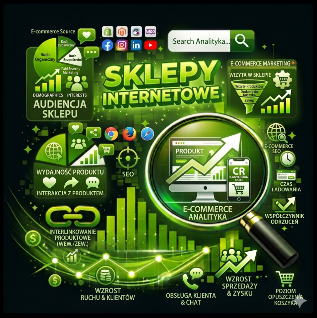 Grafika przedstawiająca SKLEPY INTERNETOWE i analitykę e-commerce – zielony napis „Sklepy Internetowe”, lupa z wykresem wzrostu sprzedaży, ekran produktu, smartfon z konwersją, ikony SEO.