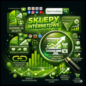 Grafika przedstawiająca SKLEPY INTERNETOWE i analitykę e-commerce – zielony napis „Sklepy Internetowe”, lupa z wykresem wzrostu sprzedaży, ekran produktu, smartfon z konwersją, ikony SEO.
