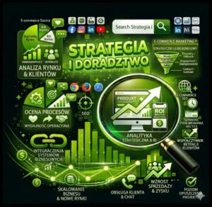 Grafika przedstawiająca STRATEGIA I DORADZTWO w biznesie i e-commerce.