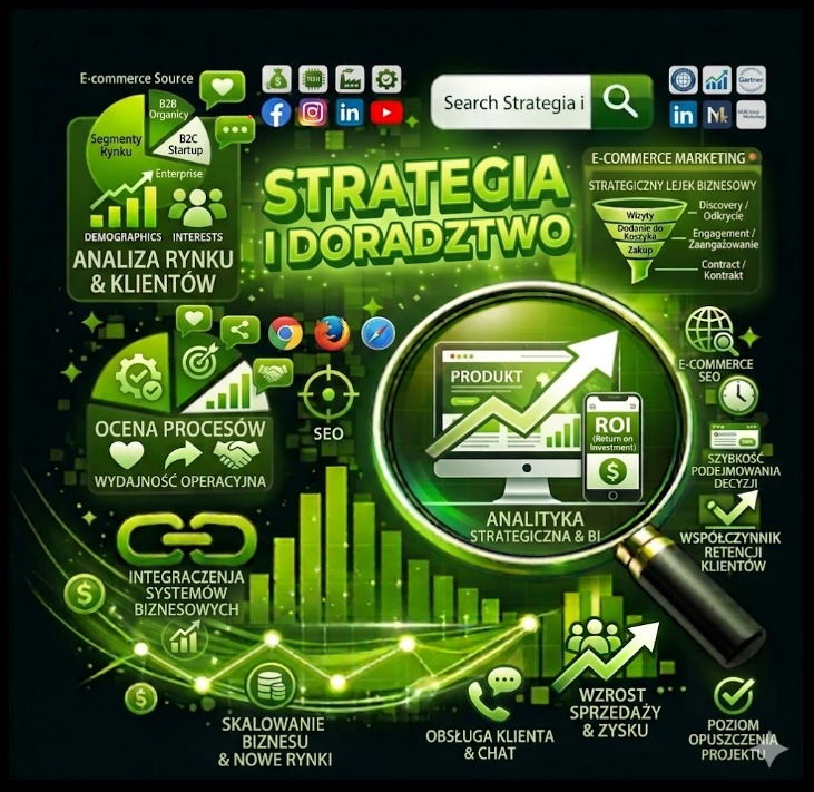 Grafika przedstawiająca STRATEGIA I DORADZTWO w biznesie i e-commerce.