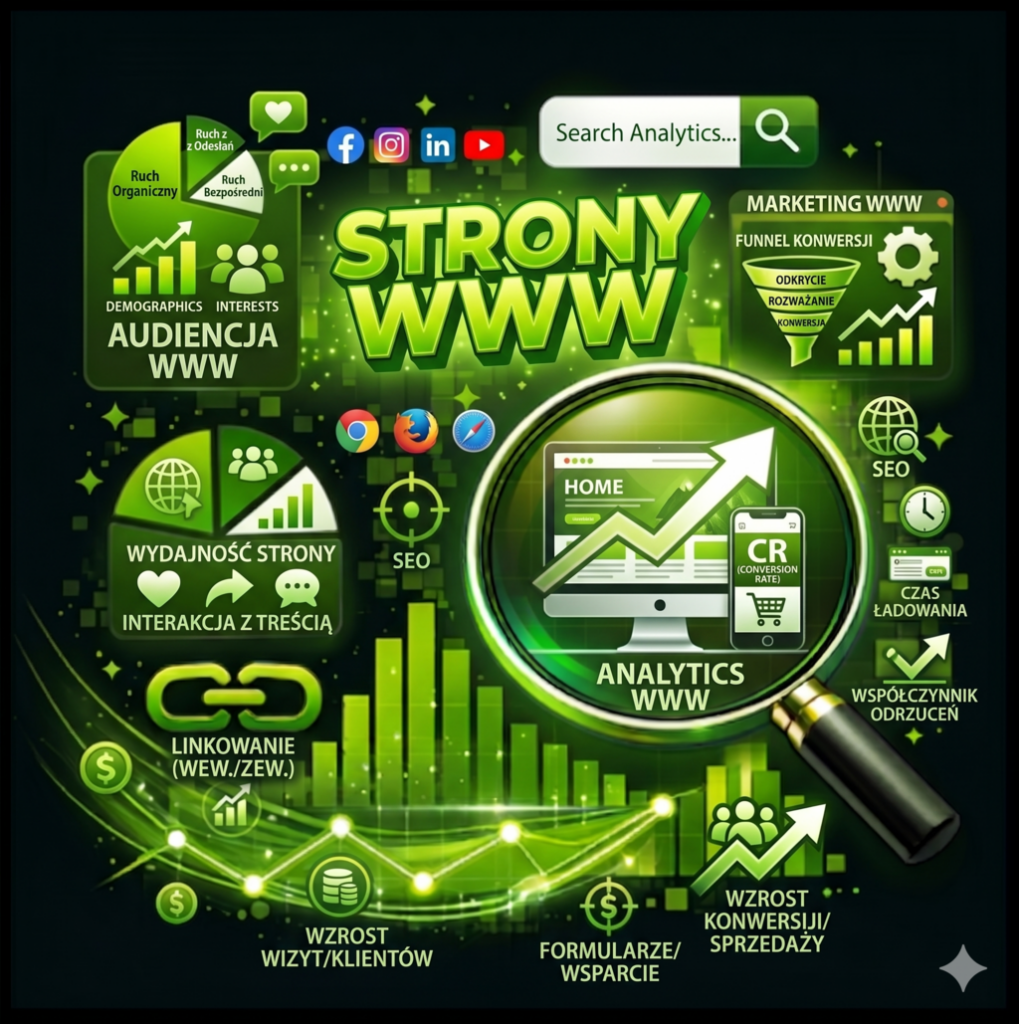 Grafika przedstawiająca STRONY WWW i analitykę internetową – zielony napis „Strony WWW”.