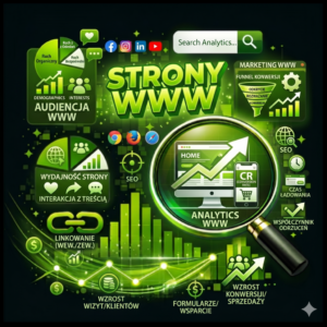 Grafika przedstawiająca STRONY WWW i analitykę internetową – zielony napis „Strony WWW”.